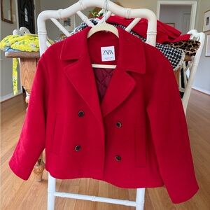 Zara Women's Vibrant Red Pea Coat
